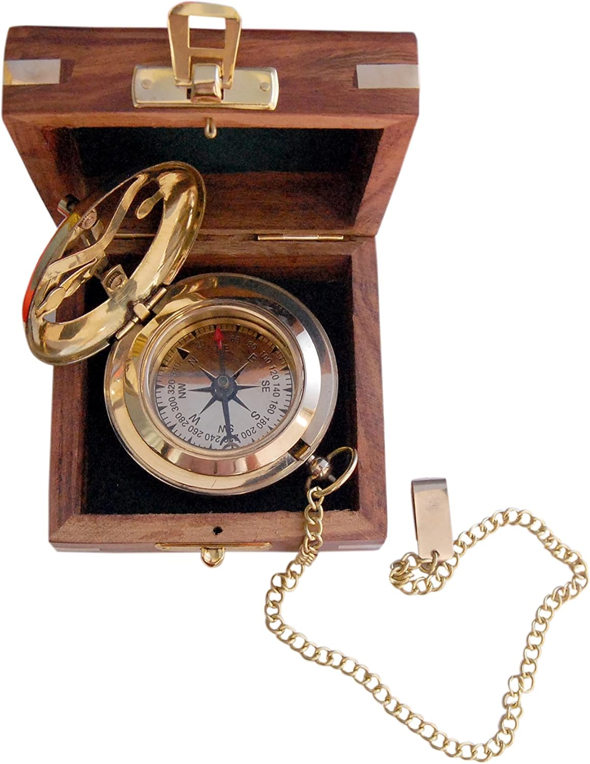 Vintage Brass Sundial Compass with Wooden Box - Antique Brass & Copper Sun Clock for Camping, Hiking, Touring - Engraved Gift for Him - Nautical Ship Replica Watch - Sundial Clock in Box