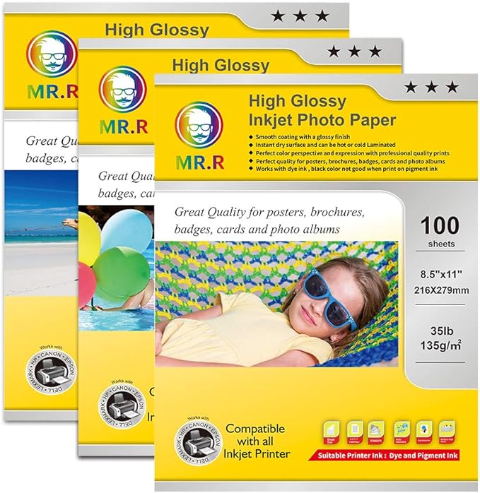 MR.R Single Side High Glossy Inkjet Photo Paper Letter Size 8.5"x11" with 100 sheets per pack 135gsm 35LB