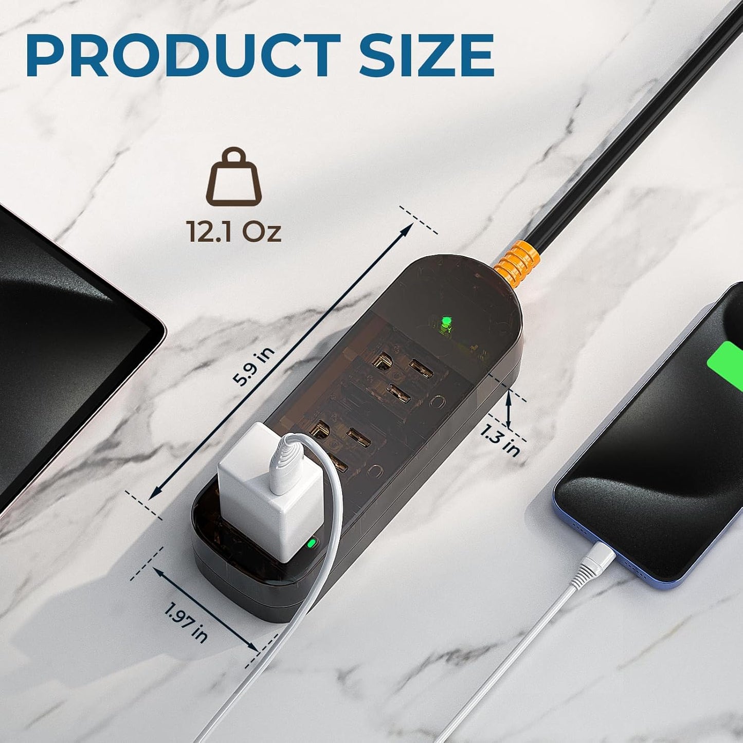 Power Strip Weatherproof, Transparent Surge Protector with 3 Wide Outlets, 1625W/13A,5FT Flat Plug Multi-Plug Outdoor Extension Cord for Indoor Outdoor, UL FCC Listed