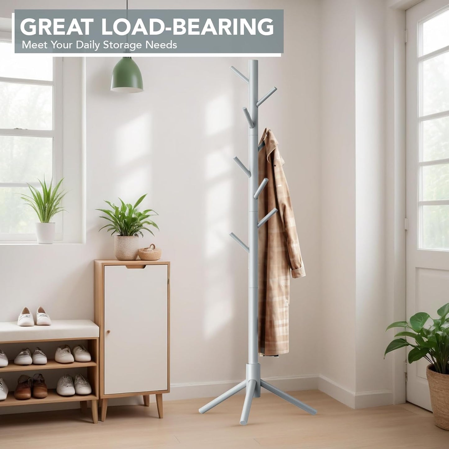 Wooden Tree Coat Rack Stand,Sturdy Freestanding Coat Rack with 8 Hooks,3 Adjustable Height for Child Adult,Wood Coat Stand Tree Fits Entryway Bedroom Office for Bags,Hats