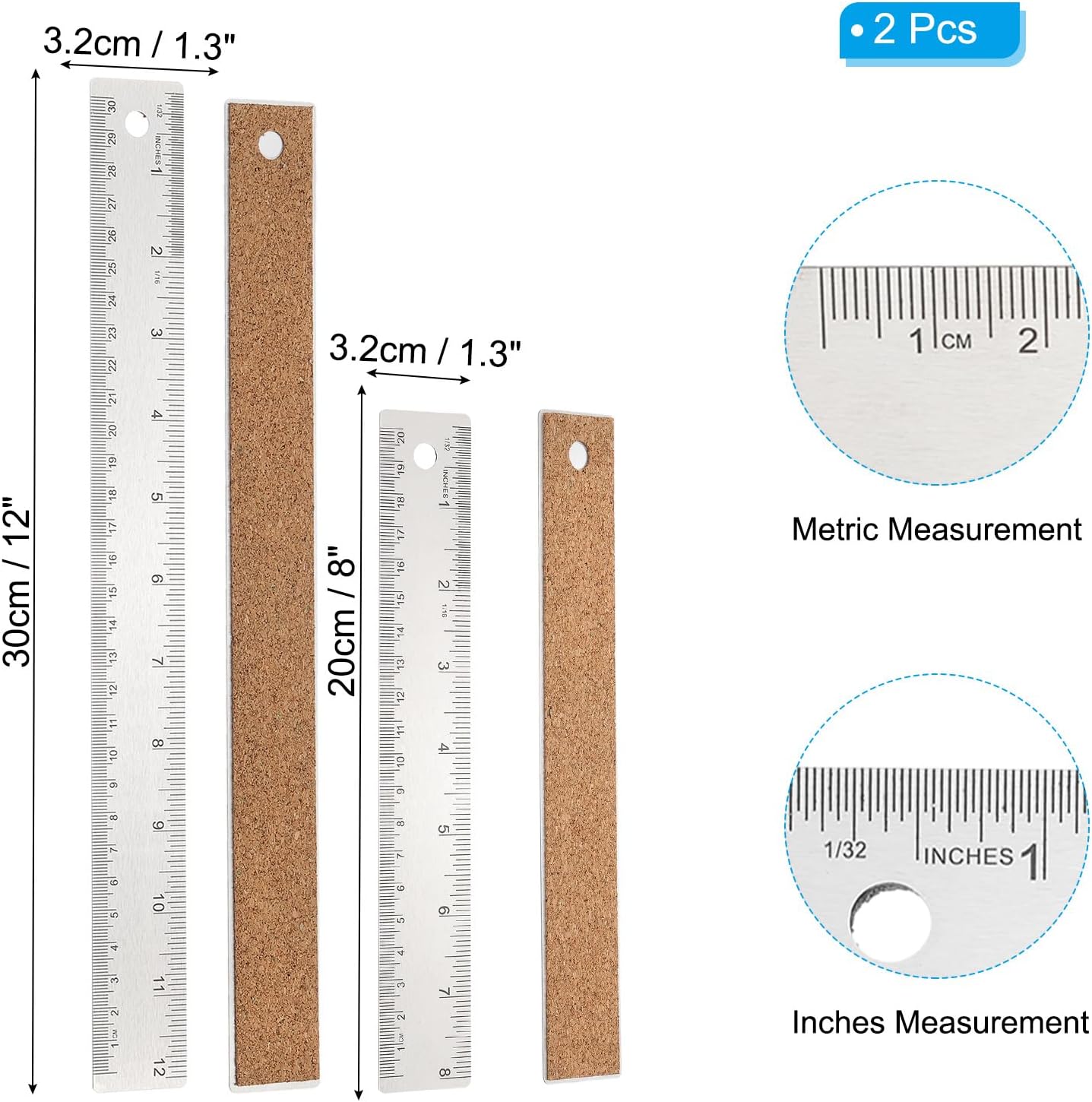 PATIKIL 8, 12 Inch Stainless Steel Straight Edge Ruler, 2 Pcs Cork Backing Non-Slip Metal Ruler with Inches Centimeter Metric Measuring Tools for Office