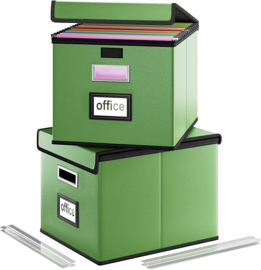 Huolewa Portable Leather File Organizer Storage Boxes, Collapsible File Folder Organizer Boxes with Lids, Document Organizer, Decorative Filing Box Cabinet for Letter/Legal File Folder Storage