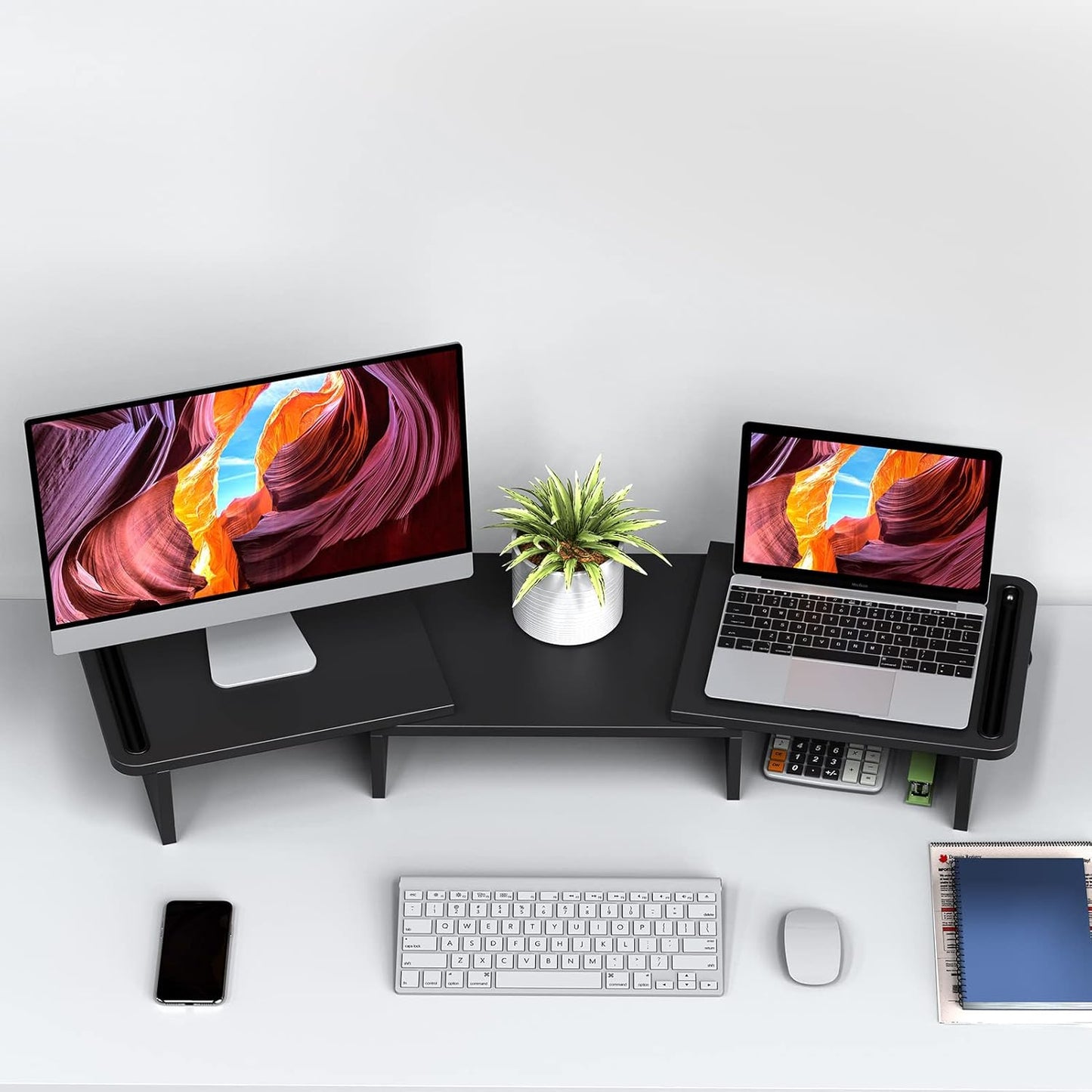 Zimilar Dual Monitor Stand Riser, Monitor Stand with Adjustable Length and Angle, Wood Monitor Stand for Desk, Monitor Riser for 2 Monitors with Storage Space