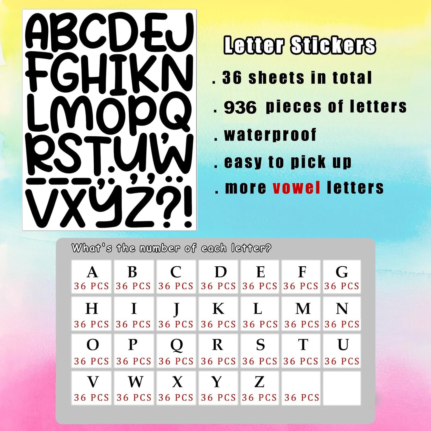 Bemeol 1368 Pieces Letter Stickers 36 Sheets 2 Inch Alphabet Letter Stickers Vinyl Self Adhesive Sticker Letters for Bulletin Board Home Classroom Mailbox Decor(Black)