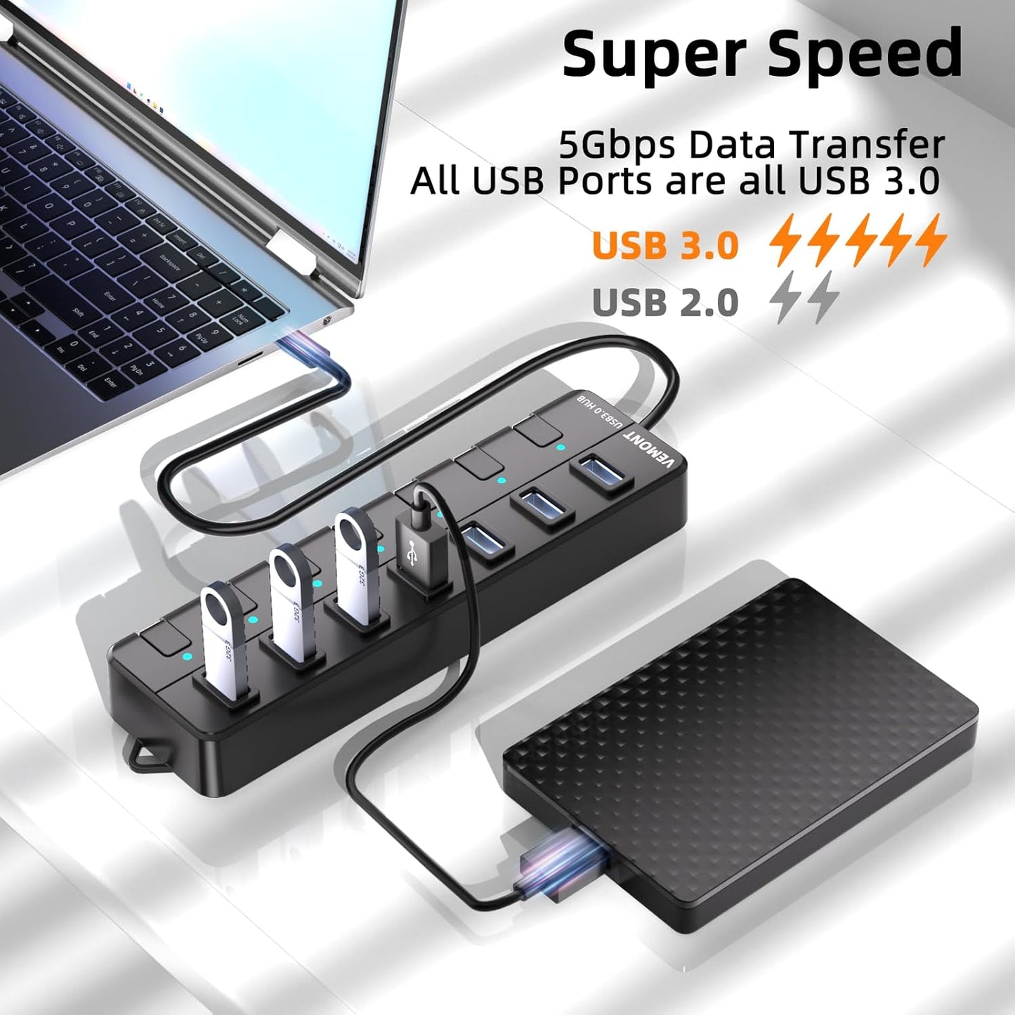 VEMONT 7-Port USB 3.0 Hub (Equipped with a 4-Foot Data Cable, Individual Switch, and Indicator Light, it Supports Data Transfer speeds of up to 5Gbps) Suitable for Desktop Computers and laptops.