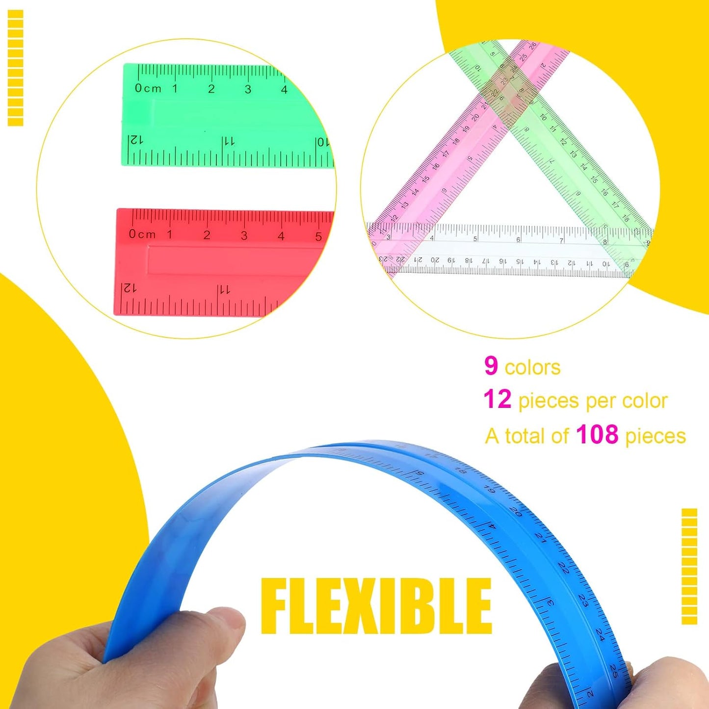 Panelee 108 Packs 12 Inch Plastic Ruler - Color Transparent, Assorted Colors, Metric Clear With Inches and Centimeters for Kids, School, Home, Classroom, Office - Back to School Gifts Supplies