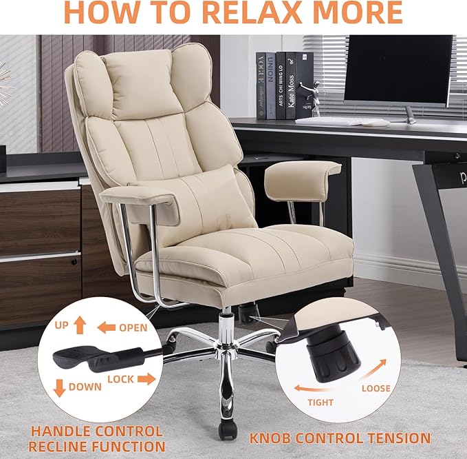 Big and Tall Office Chair 500lbs Wide Seat Executive Office Desk Chair High-Back Office Task Chair, Ergonomic Lumbar Support Computer Office Chairs for Heavy People(Beige)