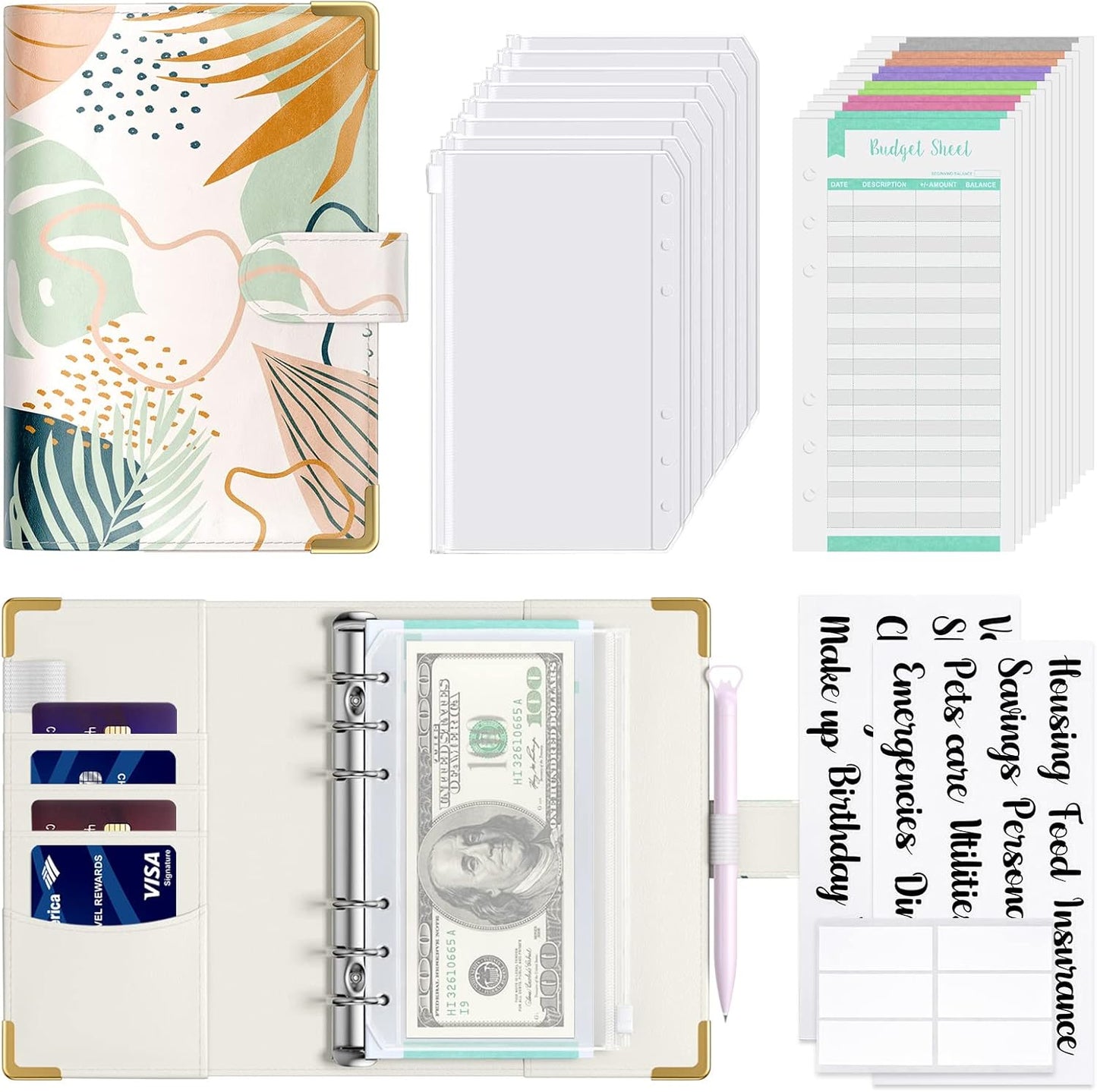 Rnivvi Budget Binder with Zipper Envelopes, A6 Money Saving Binder Cash Envelopes for Budgeting, PU Leather Planner Money Organizer for Cash Bills, Cute Boho System Wallet for Women, Tropical Leaves