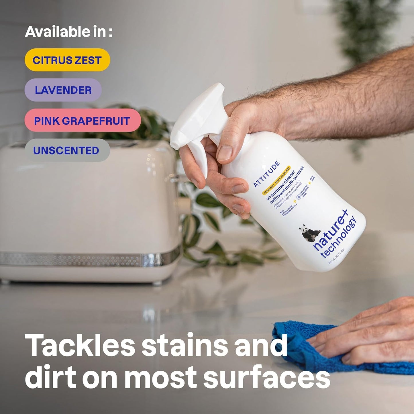 ATTITUDE All Purpose Cleaner Spray, EWG Verified, Vegan, Made with 94% Plant-Based Ingredients, Streak-Free for Kitchen, Bathroom, Glass & More, Citrus Zest Scent, 27.1 Fl Oz (Pack of 6)