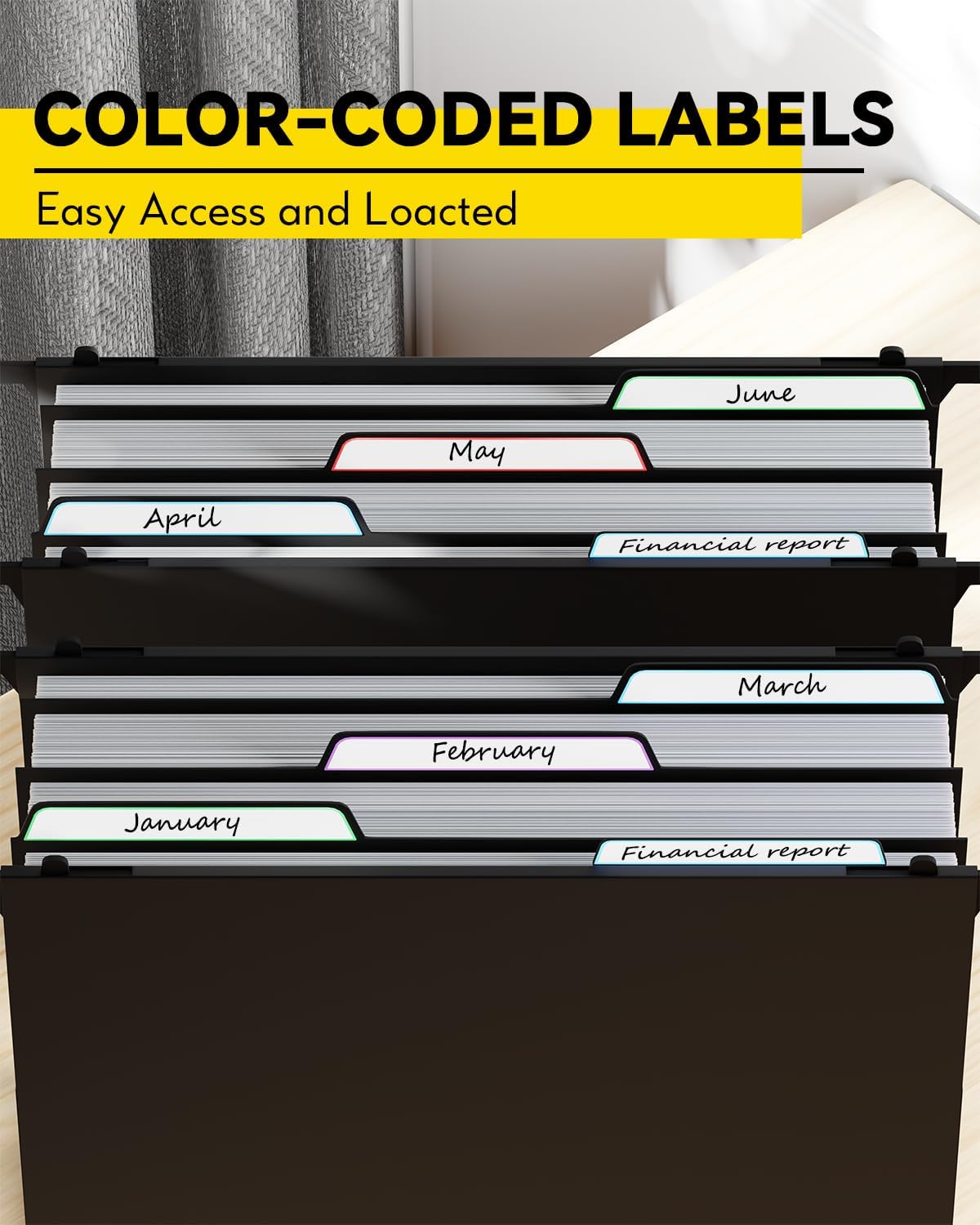 Ansook Plastic High Capacity Hanging File Folders,Heavy Duty 4”Expansion Accordian Pocket,Staggered Tabs with Movable Dividers, Extra Wide,Letter Size,Hanging Organizer for Filing Cabinet,6 Pack,Black