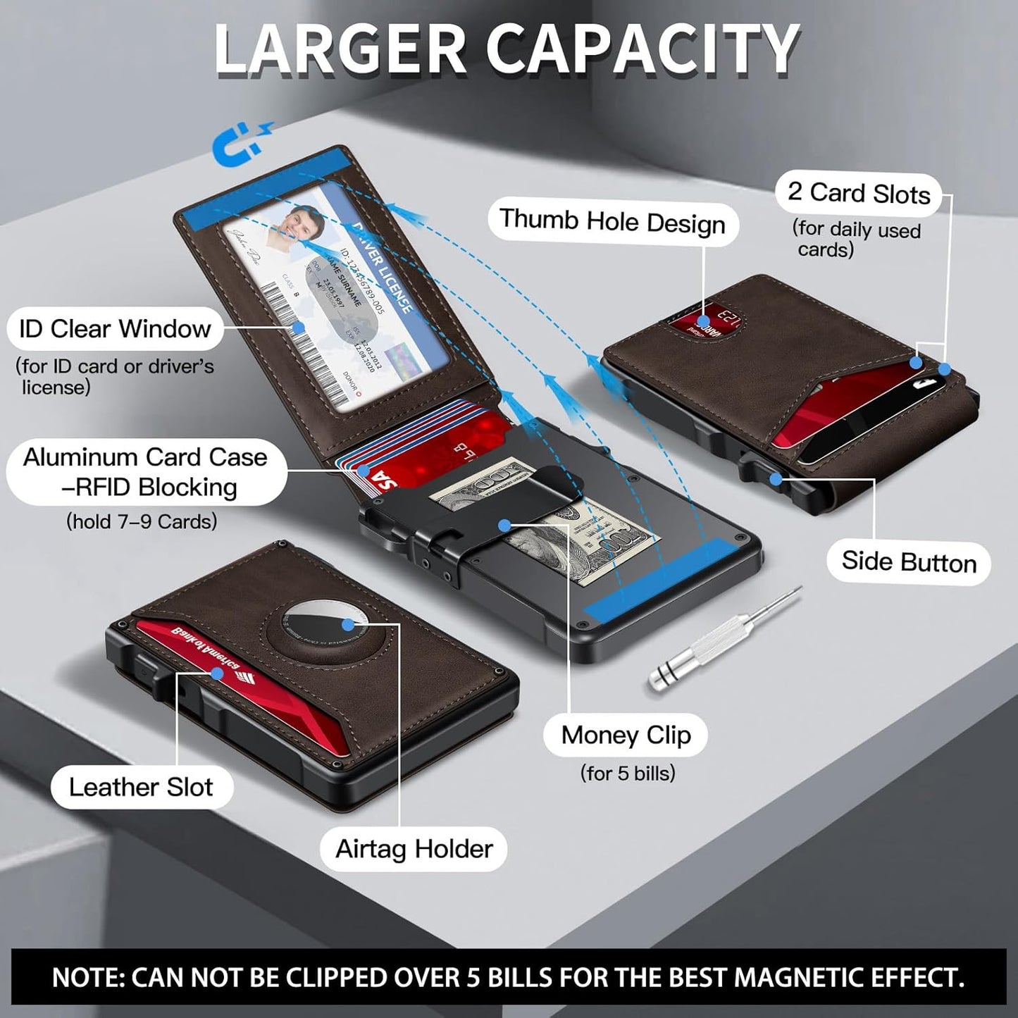 Airtag Wallet for Men, Mens Smart Wallet for Air Tag RFID Blocking, Minimalist Bifold Pop Up Aluminum Credit Card Case Holder 12+ Cards with ID Window, Gift for Men, No Airtag Included, Coffee Brown