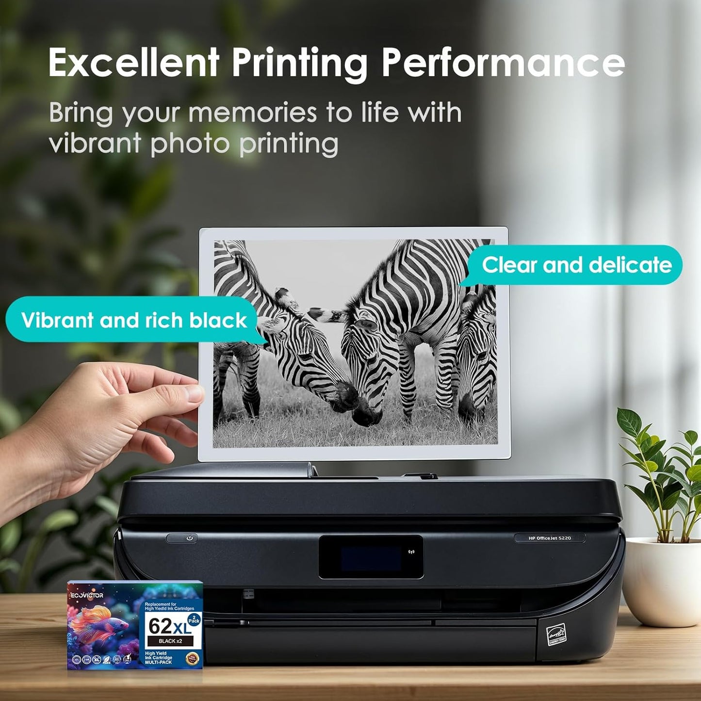 EcoVictor Remanufactured 62XL Ink Cartridges (2 Black) Compatible for HP Ink 62 62XL HP62 for Envy 5540 5542 5545 5640 5642 5660 5665 7640 7645 OfficeJet 5740 5742 5745 8000 8040 200 250 Printer 62 XL