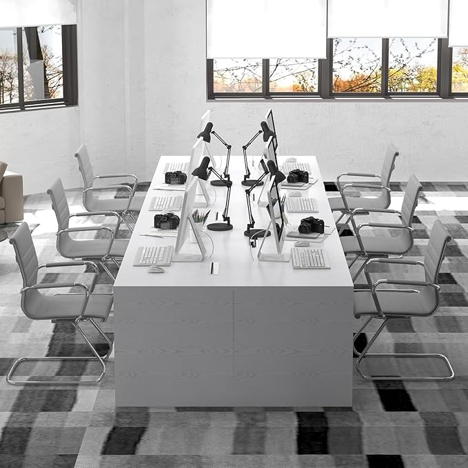 Office Desk Chair Set of 8,No Wheels PU Leather Computer Chairs Mid Back Guest Chairs with Seld Base for School/Reception/Conference/Waiting Room,Grey