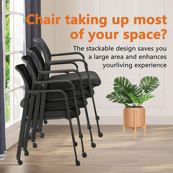 CLATINA Mesh Back Guest Reception Arm Chairs with Wheels, Waiting Room Chairs with Upholstered Fabric Seat and Ergonomic Lumbar Support for Office