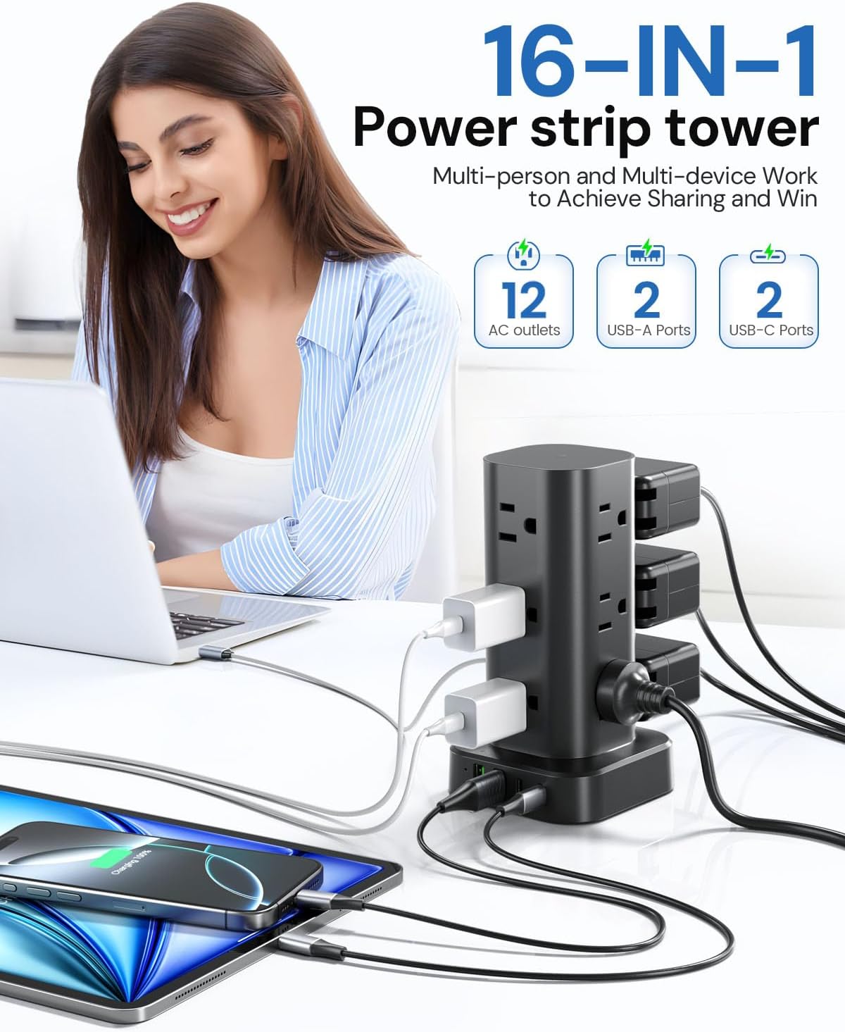 Tower Power Strip with Surge Protector - 12 AC Outlets & 4 USB Ports (2 USB-C), 6FT Extension Cord, Charging Station Tower for Home Office Dorm Travel (Black)