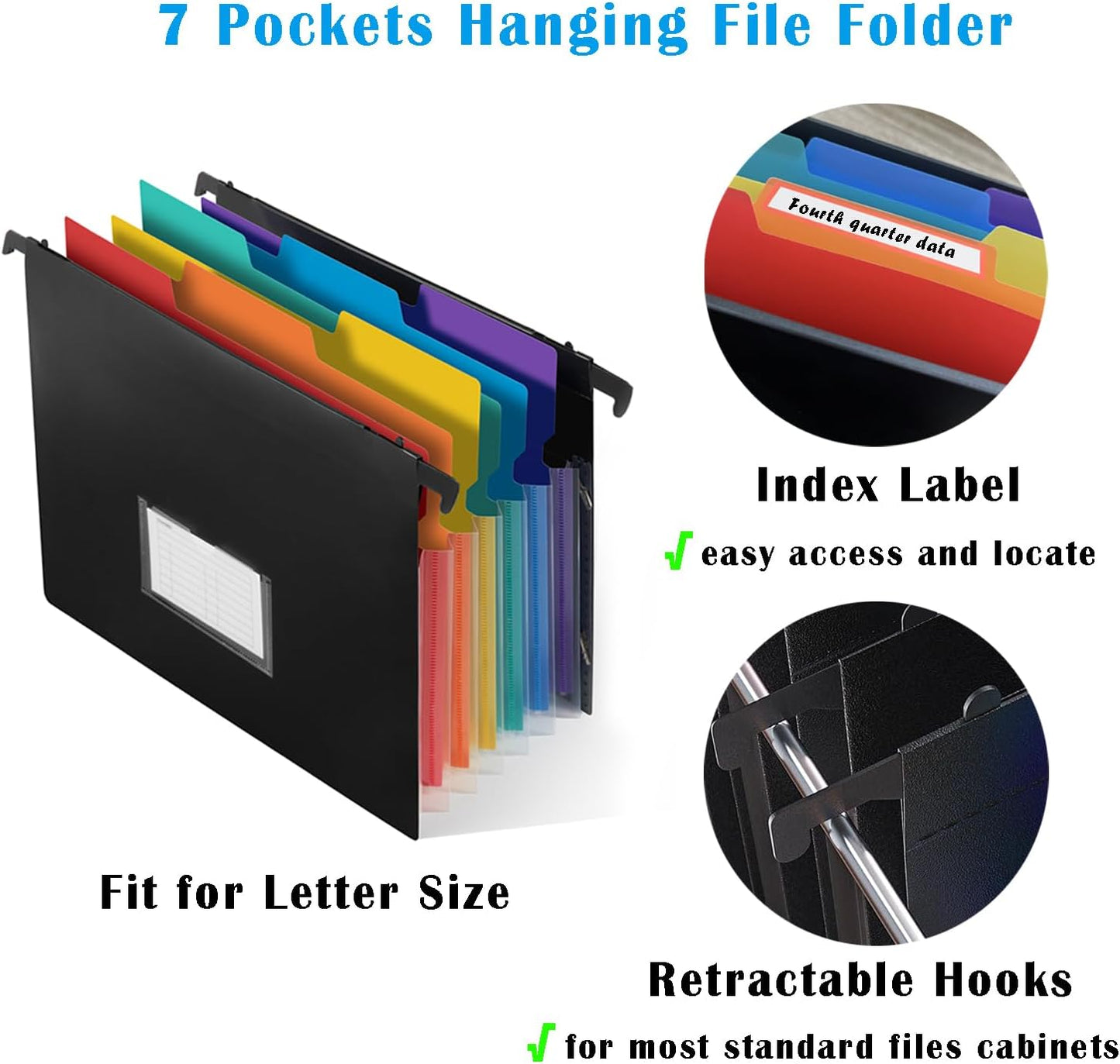 TRANBO 7-Pockets Hanging File Folder with Retractable Hooks for Filing Cabinet, Letter Size Expandable Accordion File Organizer with Elastic Band for File Frame or On-The-Go Use (6 Pack)