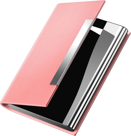 Padike Business Card Holder, Professional PU Leather & Stainless Steel Multi Card Case,Business Card Holder Wallet Credit Card ID Case/Holder for Men & Women. (Pink)