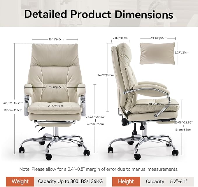 LEAGOO Office Chair with Foot Rest, Ergonomic Executive Office Chair with Arms, Reclining High Back PU Leather Comfy Swivel Computer Desk Chairs with Wheels and Lumbar Support for Home Office, Cream