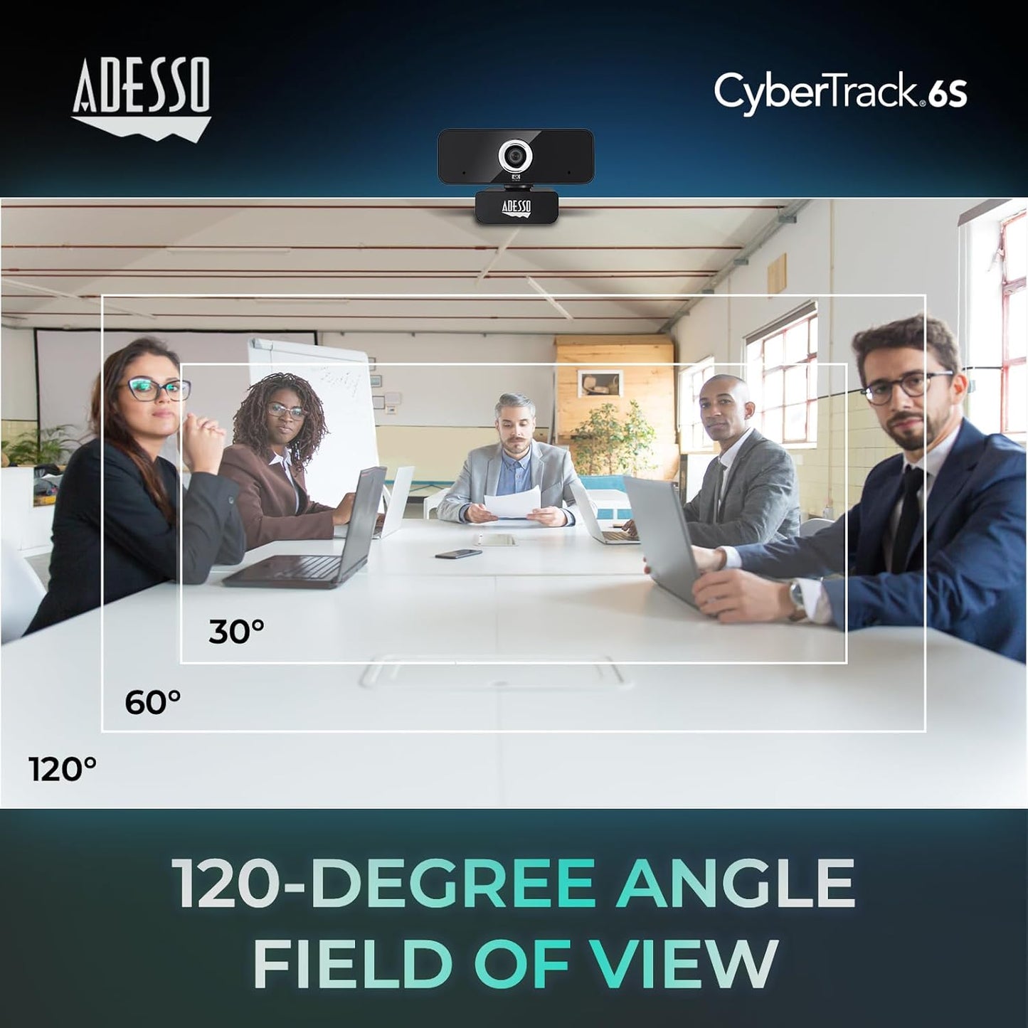 Adesso 4K HDR Ultra HD USB Webcam CyberTrack 6S Camera for PC Laptop Adjustable Angle Field of View Built-in Noise Cancellation Microphone