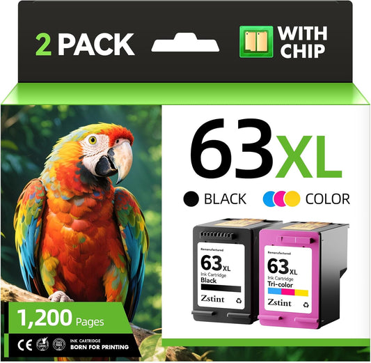 63XL Ink Cartridges 2 Pack High Yield with Chip Replacement for HP 63 63xl Ink Compatible with HP Officejet 3830 4650 4655 5255 5258 5200 Envy 4510 4512 4520 4650 Deskjet 2130 2132 3630 3634 Printer