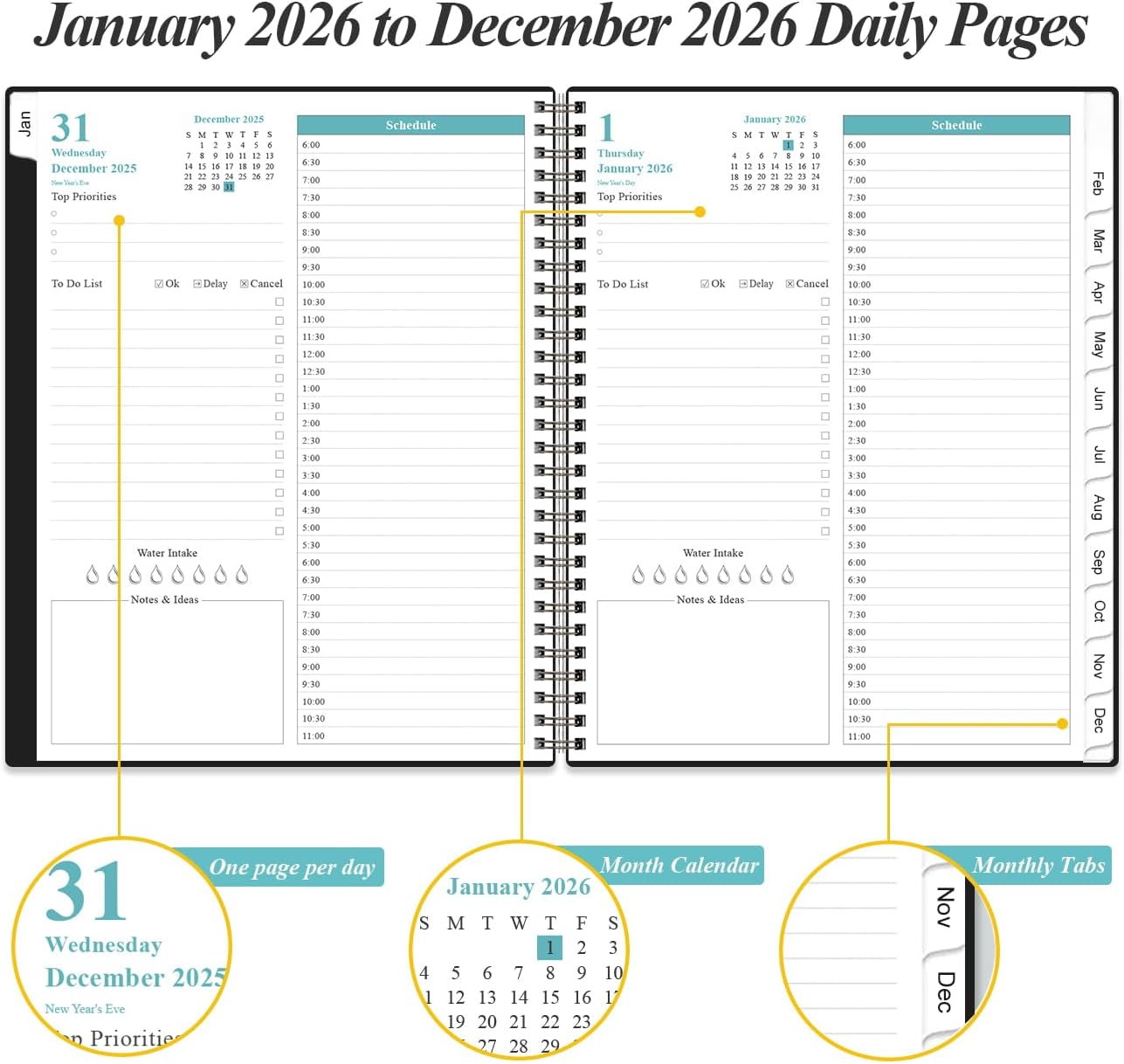 2026 Daily & Monthly Planner - One Page Per Day, Daily Planner from January 2026 - December 2026, Planner 2026 with 12 Monthly Tabs, 8.5" x 11", Black