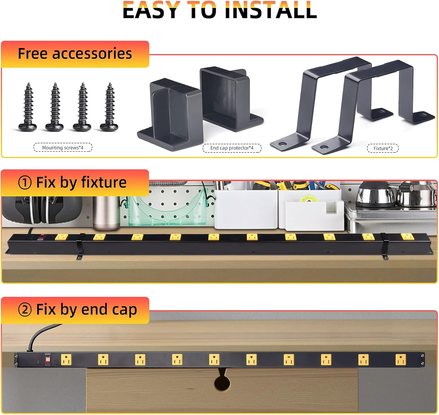 10 Outlet Long Power Strip Surge Protector, Heavy Duty Industrial Metal Power Strip 6 Feet, Wall Mountable, for Work Bench, Shop, Garage, Black (1000 Joules)