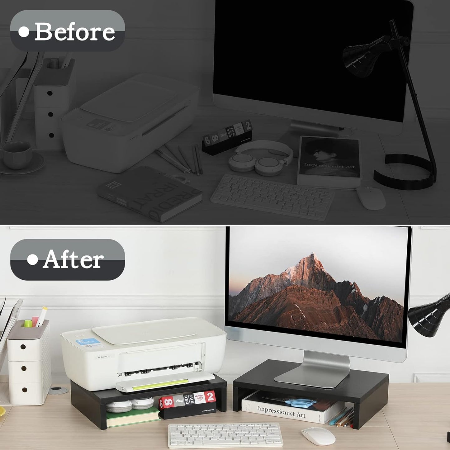 TEAMIX Wood Monitor Stand Riser-2 Pack, 2 Tier Adjustable Monitor Stand Dual Monitor Riser for 2 Monitors/Laptop/PC Black Computer Stand for Desk