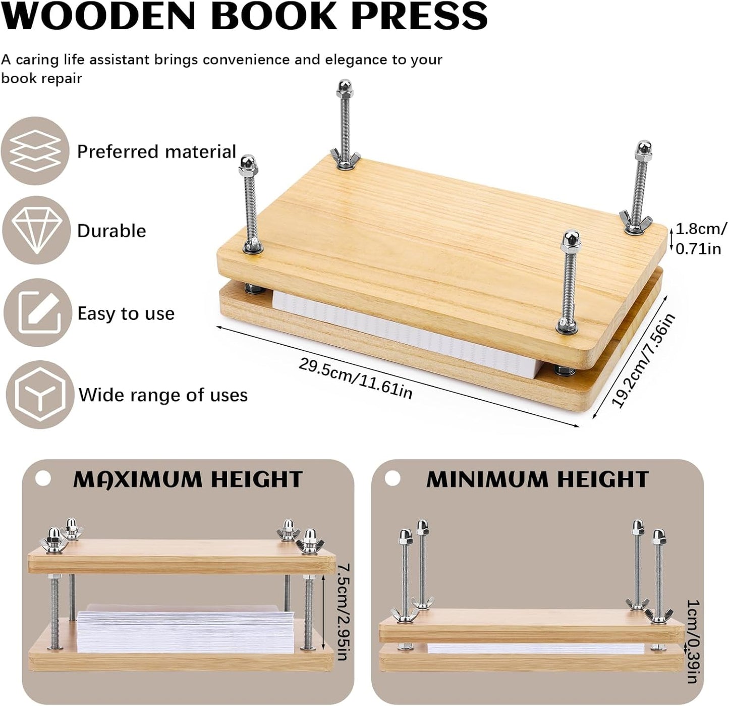 JUPEAN Book Press—7.9”x11.6” Wooden Book Binding Press Bookbinding Kit Portable and Easy Assemble Books Binding Kits for DIY Bookbinding