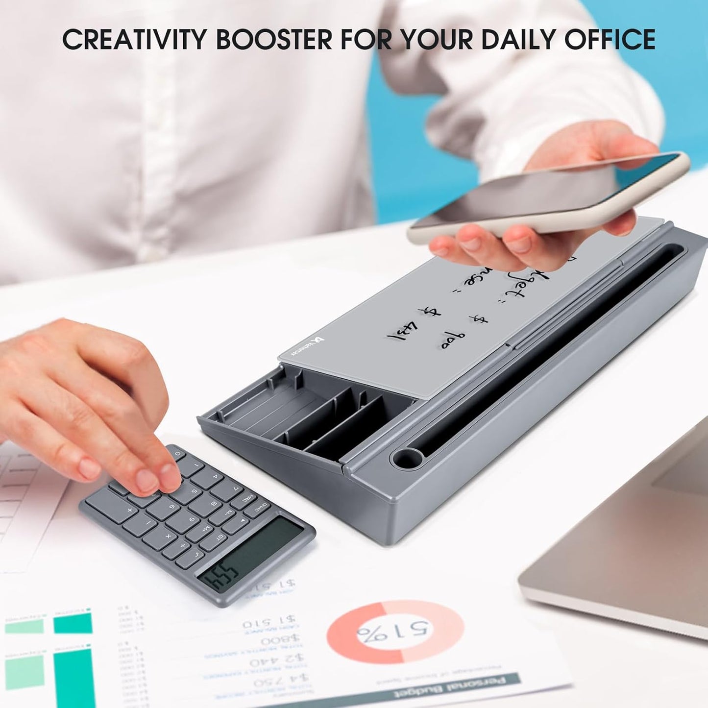 Varhomax Glass Desk Whiteboard Gray with Calculator, Desktop Organizer Dry Erase White Board with Storage, to Do List Memo Notepad for Home Office and School Supplies