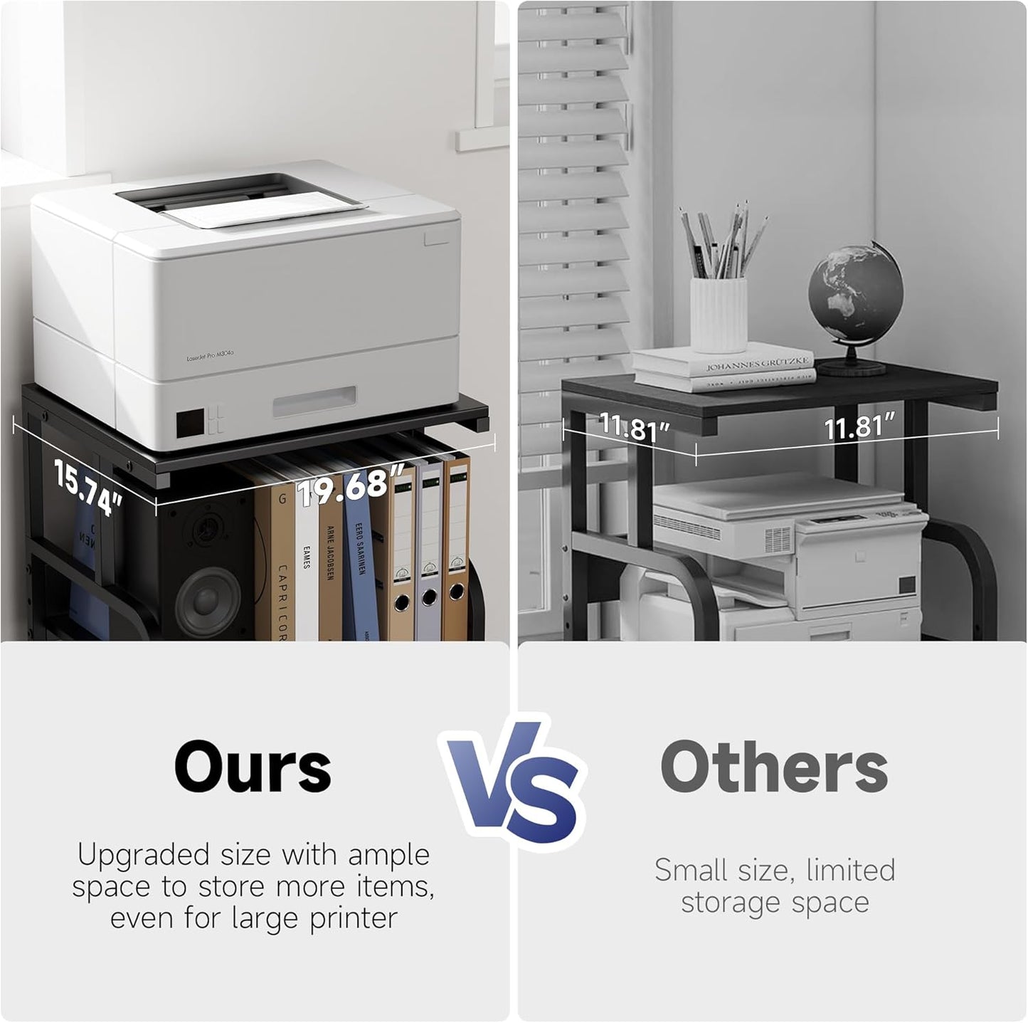 Warmiehomy Printer Stand, 19.68×15.75×27.55 Printer Table with Adjustable Storage Shelf, 3 Tier Rolling Cart with Wheels, Space Saving Desk for Home Office, Mini Fridge & Heat Press Stand, Black