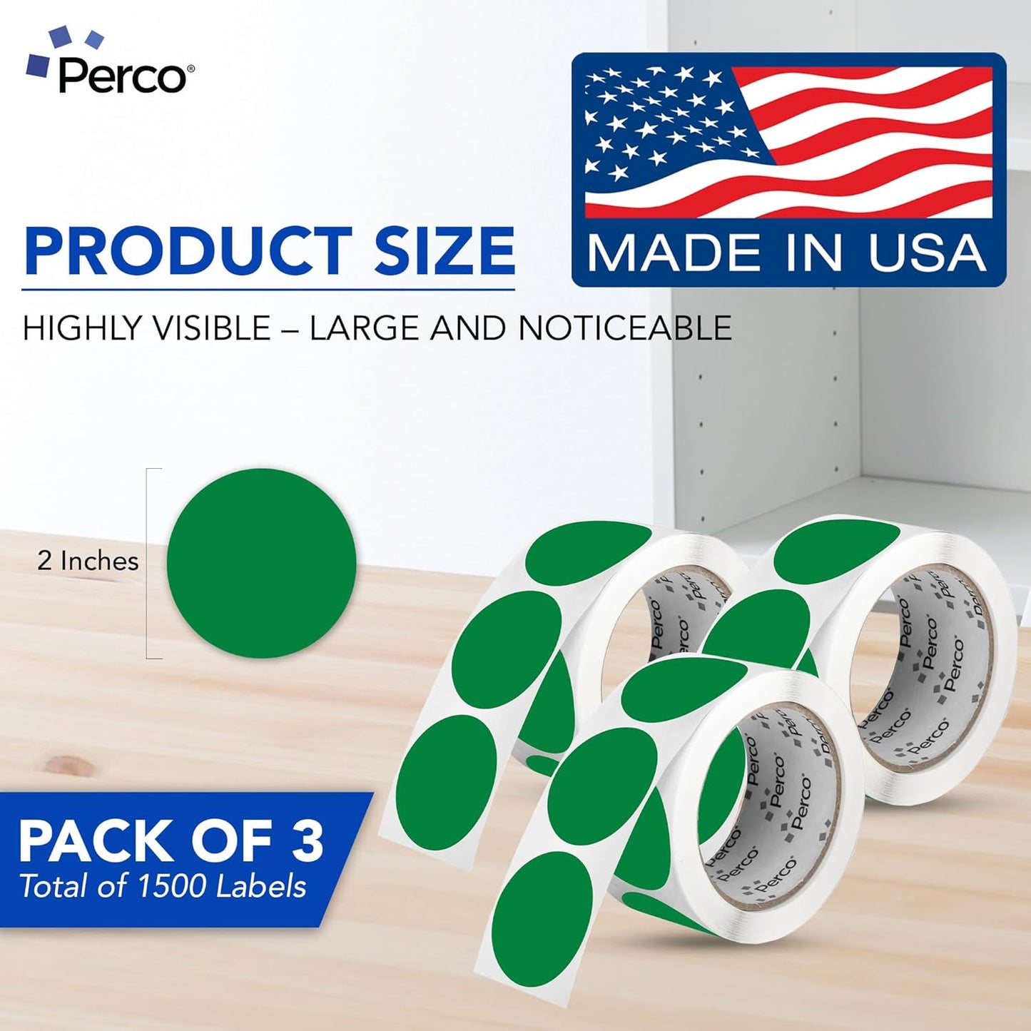 Perco Green 2-Inch Round Circle Dot Sticker Labels - Multi-Roll Pack (3 Rolls, 500 Labels Each) - Permanent Adhesive, Vibrant Colors, Strong Hold - Perforated for Easy Use - Made in USA