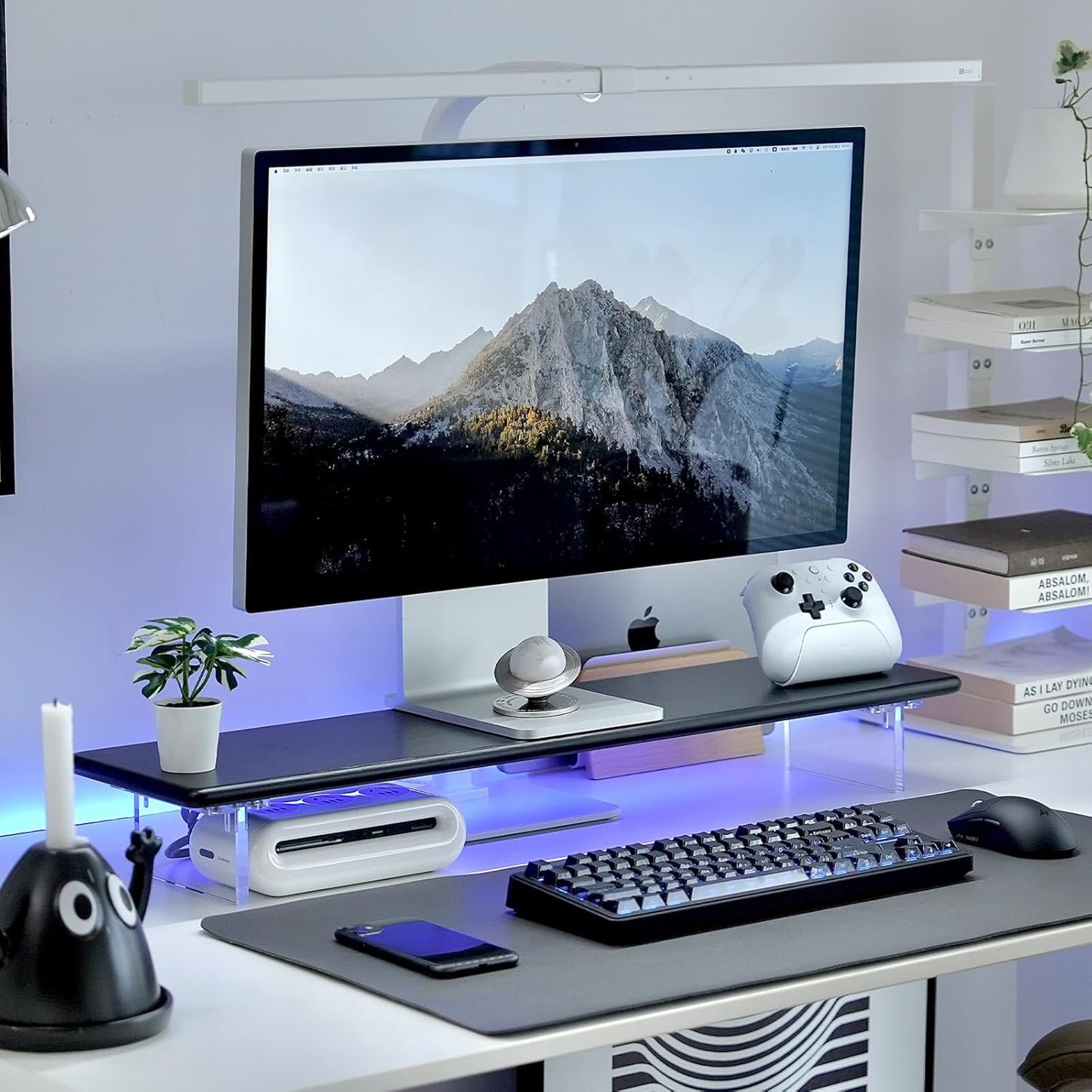 Bamboo Monitor Stand Riser with RGB Lights,31.5 Inches Desktop Shelf with Acrylic Legs Supports for Desk, PC Computer Monitor, Laptops, Printer, Speakers (Black)