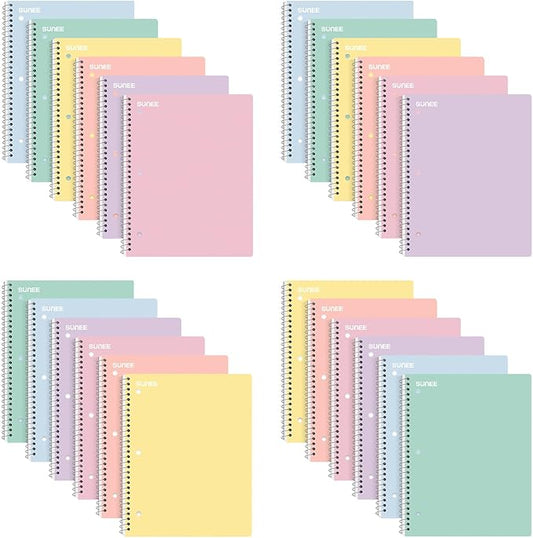 SUNEE Spiral Notebooks, 24 Pack, 1-Subject, College Ruled Paper, 8" x 10-1/2", 70 Sheets per Notebook, Assorted Pastel Colors Spiral Notebooks for School