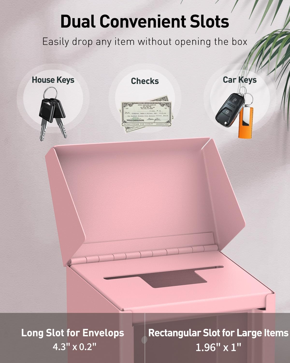 Uniclife Pink Metal Wall Mounted Mailbox with Top Slot, Key Drop Box with Combination Lock for Outside, Donation Box Collection Boxes, Safe Suggestion Boxes, Steel Cash Drop Chest
