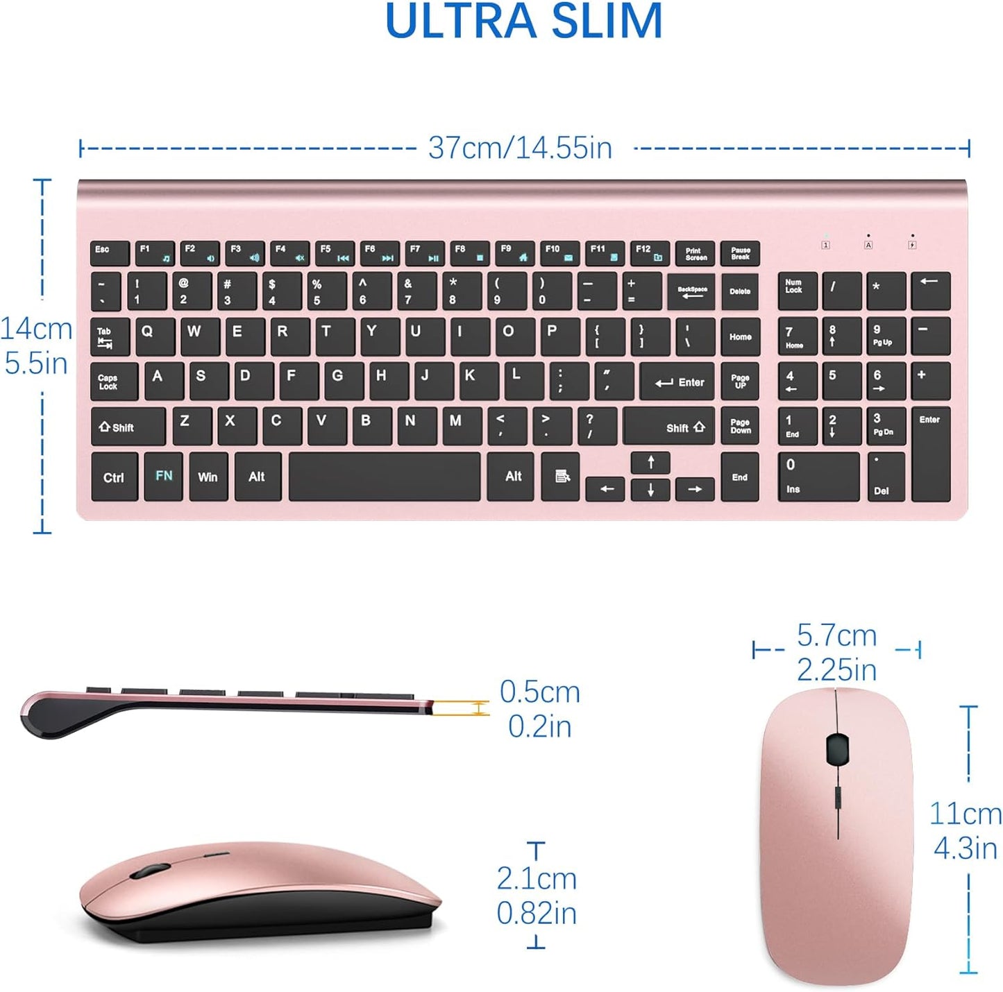 Wireless Keyboard and Mouse Ultra Slim Combo, TopMate 2.4G Silent Compact USB 2400DPI Mouse and Scissor Switch Keyboard Set with Cover, 2 AA & 2 AAA Batteries,for PC/Laptop/Windows/Mac-Rose Gold Black