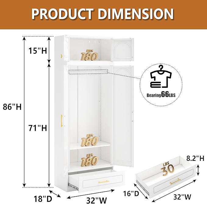 Metal Armoire Wardrobe Closet with Drawer, Freestanding Wardrobe Cabinet with Hanging Rod, Large Clothing Storage Cabinet with Doors for Bedroom, 18" D x 32" W x 86" H, White, Assemble Required
