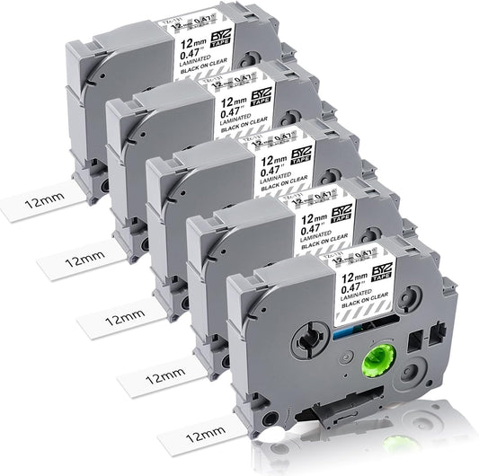 BOYEEZON TZe/TZ Tape 12mm 0.47 Laminated Clear Replacement for Brother Ptouch TZe-131 Laminated Black on Clear Label Tape for Brother Label Maker PT-D210, PT-D220, PT-H110, PT-D400, 5-Pack