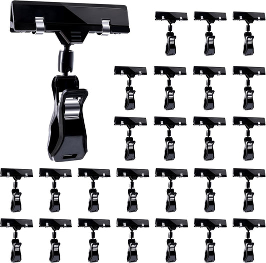 Mlici Sign Clips for Display, 26 Pack Plastic Sign Holder Clips for Retail, Double Sided Swivel Price Label Holder Clips, Rotatable Merchandising Pop Clips for Home Office Retail Store Display, Black