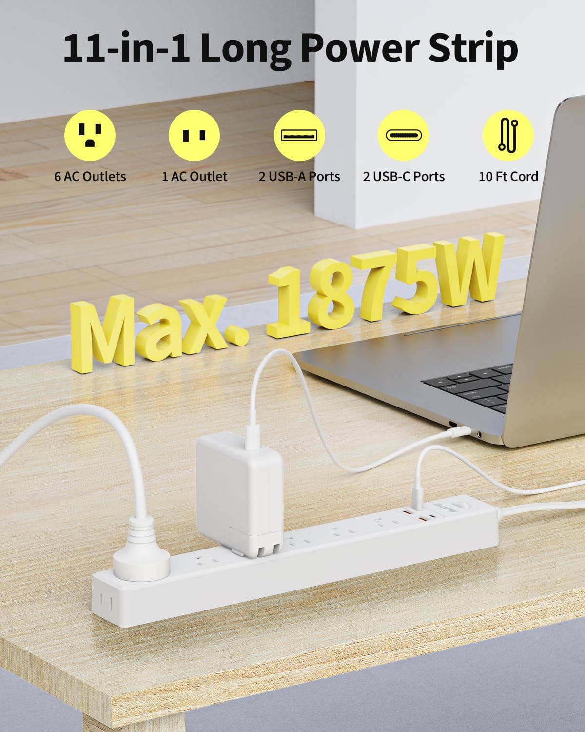 10 Ft Power Strip Surge Protector - 7 Outlets 4 USB Ports (2 USB C), Ultra Thin Flat Extension Cord & Flat Plug, 1700 Joules, Wall Mount, Desk Charging Station for Home Office Dorm, White