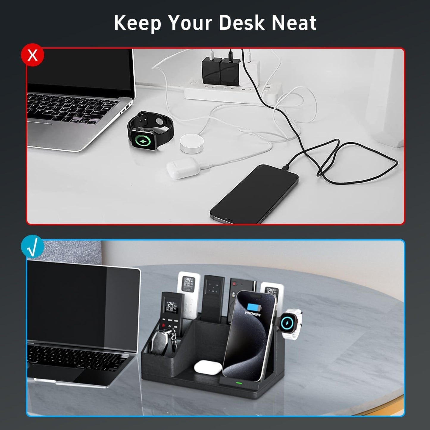 GORESE Leather Desk Organizer with Charging Station, 4 in 1 Nightstand Organizers for Remote Control Pen Holder, Desktop Accessories Workspace Organizers for Office Supplies