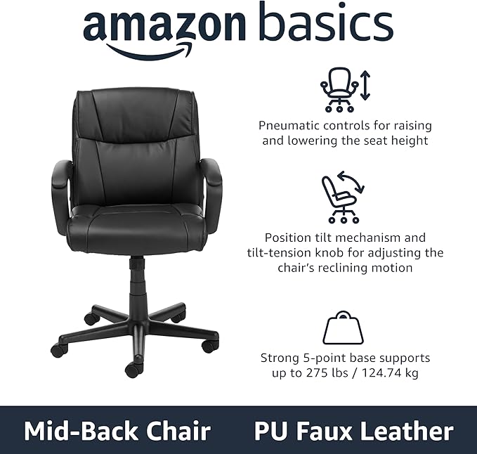 Amazon Basics Office Computer Task Desk Chair with Padded Armrests, Mid-Back, Adjustable, 360 Swivel, Rolling, 275 Pound Capacity, 24.2"D x 24"W x 34.8"H, Black Faux Leather