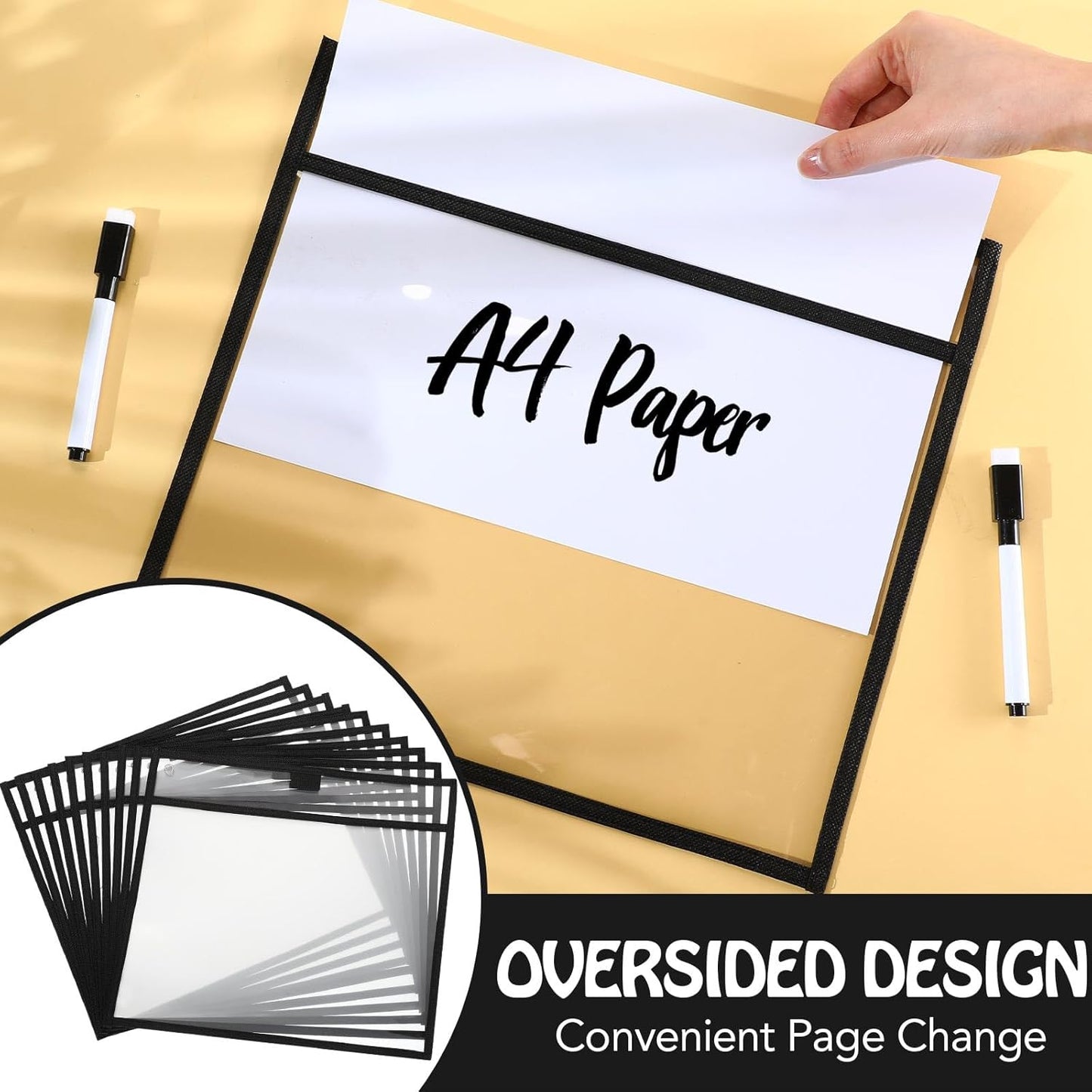 Teling 150 Pcs Dry Erase Pockets Bulk Reusable Job Ticket Holders Clear Plastic Sleeve Protector Work Order Sleeve Shop Ticket Holder for Welcome Teacher Back Office Supplies(11.5 x 12.5'',Black)