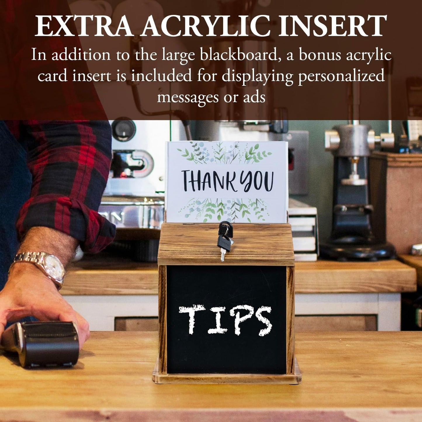 MyGift Rustic Burnt Wood Wall Mountable Fundraising Donation Suggestion Box / Comment Ballot Box with Lock and Key, Clear Acrylic Sign Holder and Chalkboard Surface