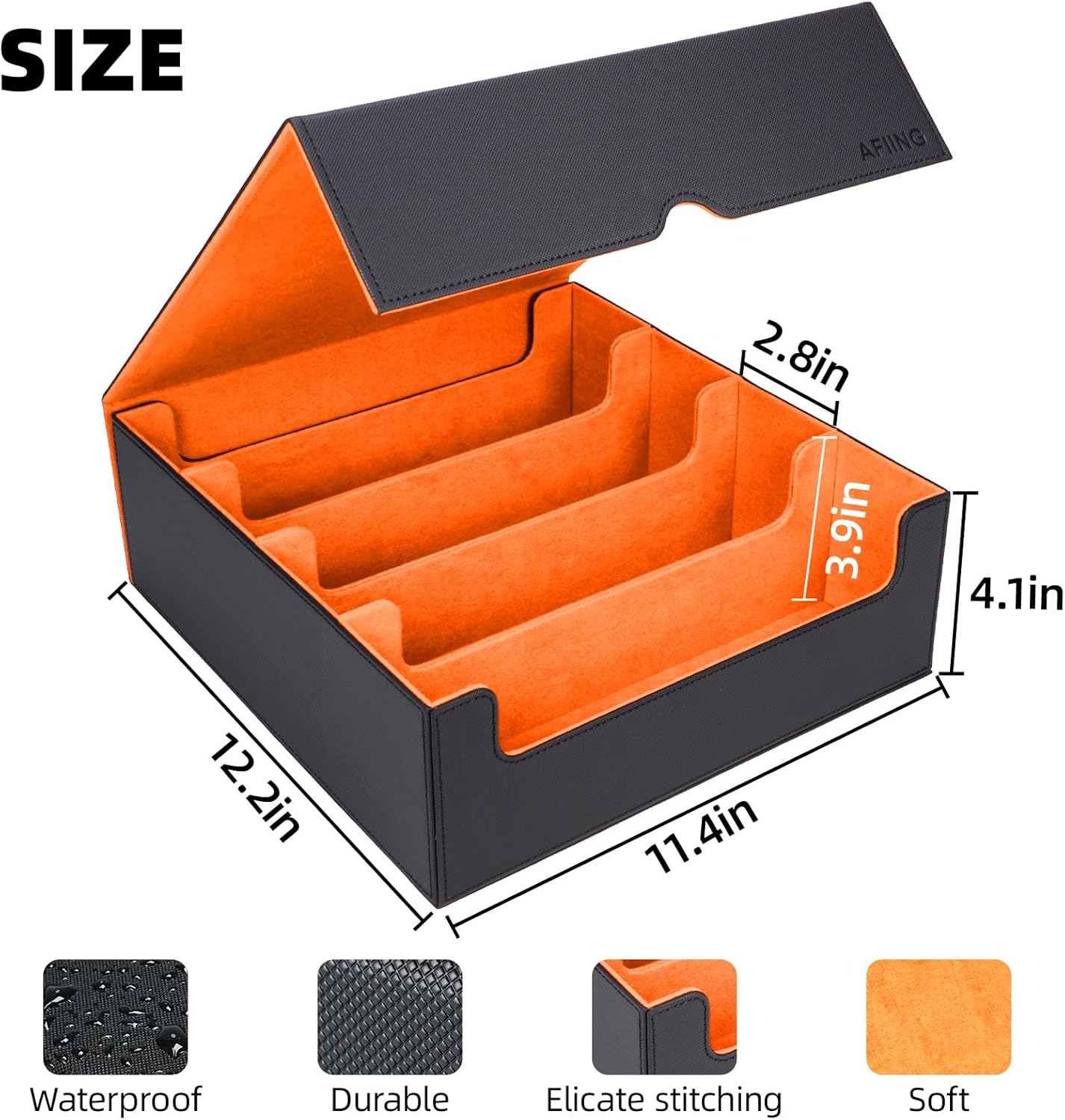AFIING 4-Row Trading Card Storage Box – Holds 3200+ Cards, 48 Dividers & 4 Stoppers, Card Deck Box for MTG TCG Sports Cards – Includes 1 Dice Bag(Black Orange)
