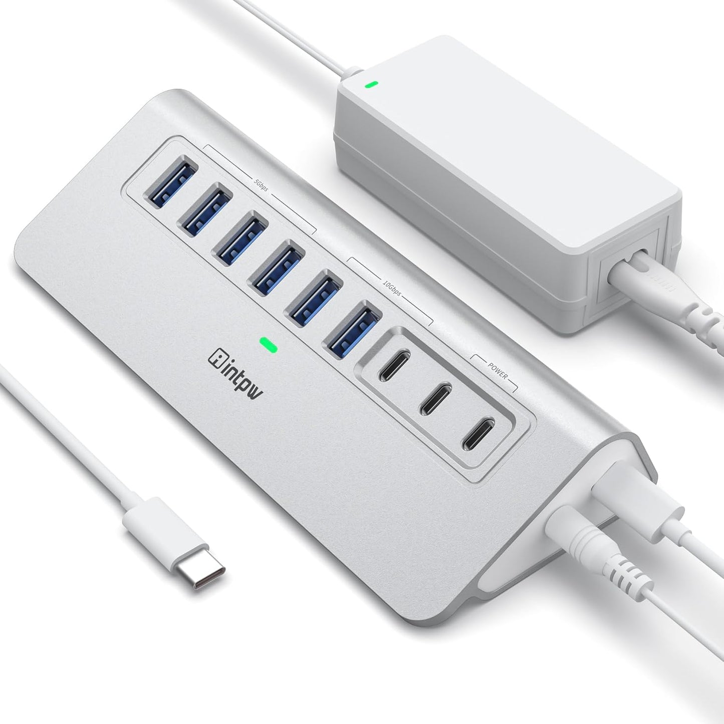 Powered USB Hub 10Gbps, intpw 9-Port USB 3.2 Hub, USB C Hub with USB A/USB C 3.2, 4 USB 3.0, 2 PD 45W Charging Ports, 65W Power Adapter and 3.3FT Cable, Aluminum USB Hub for Laptop, iPhone 16/15, PC