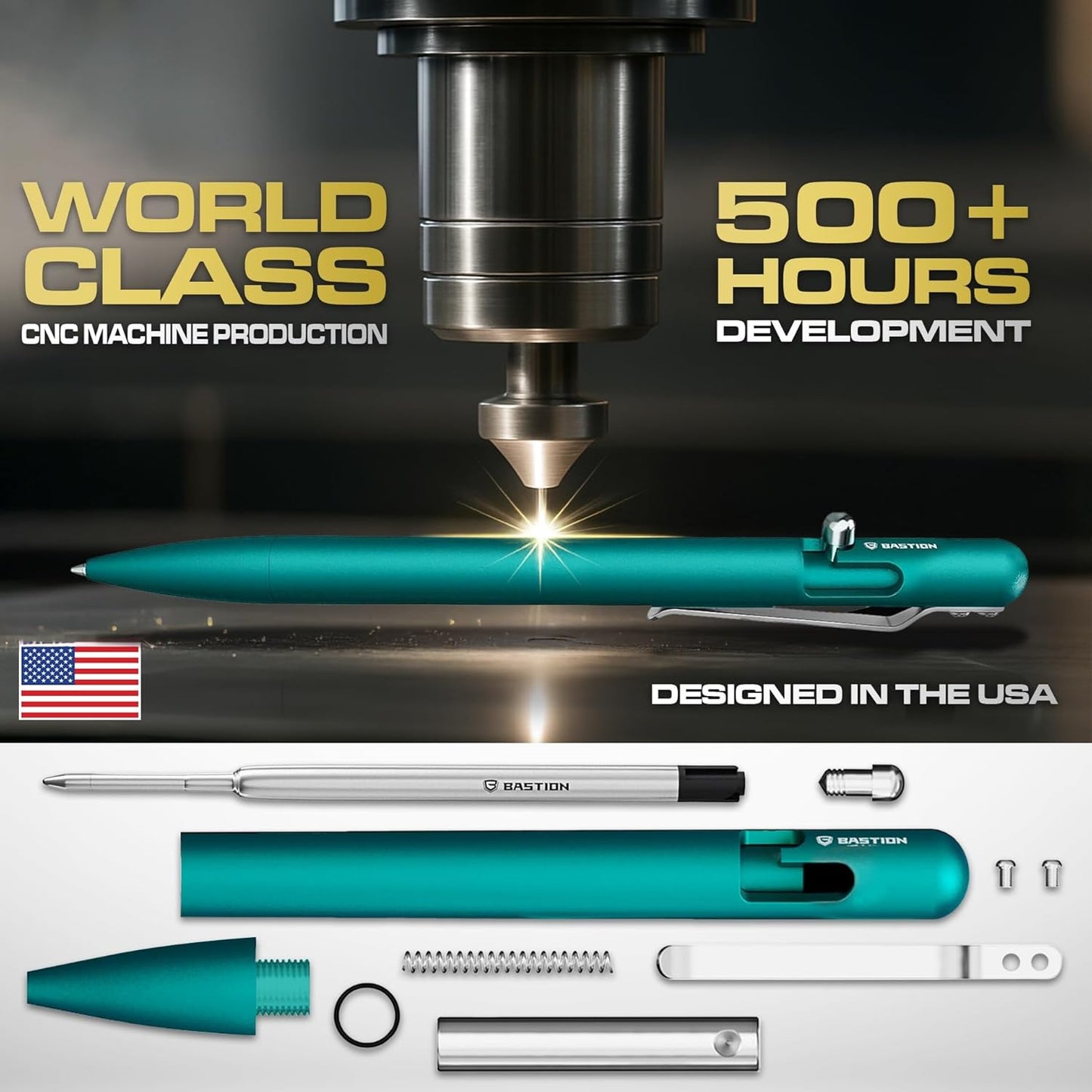 BASTION Luxury Slim Bolt Action Pen, Lightweight Aluminum EDC Pen with Fine Tip, Professional Ballpoint Pen for School and Work - Seafoam