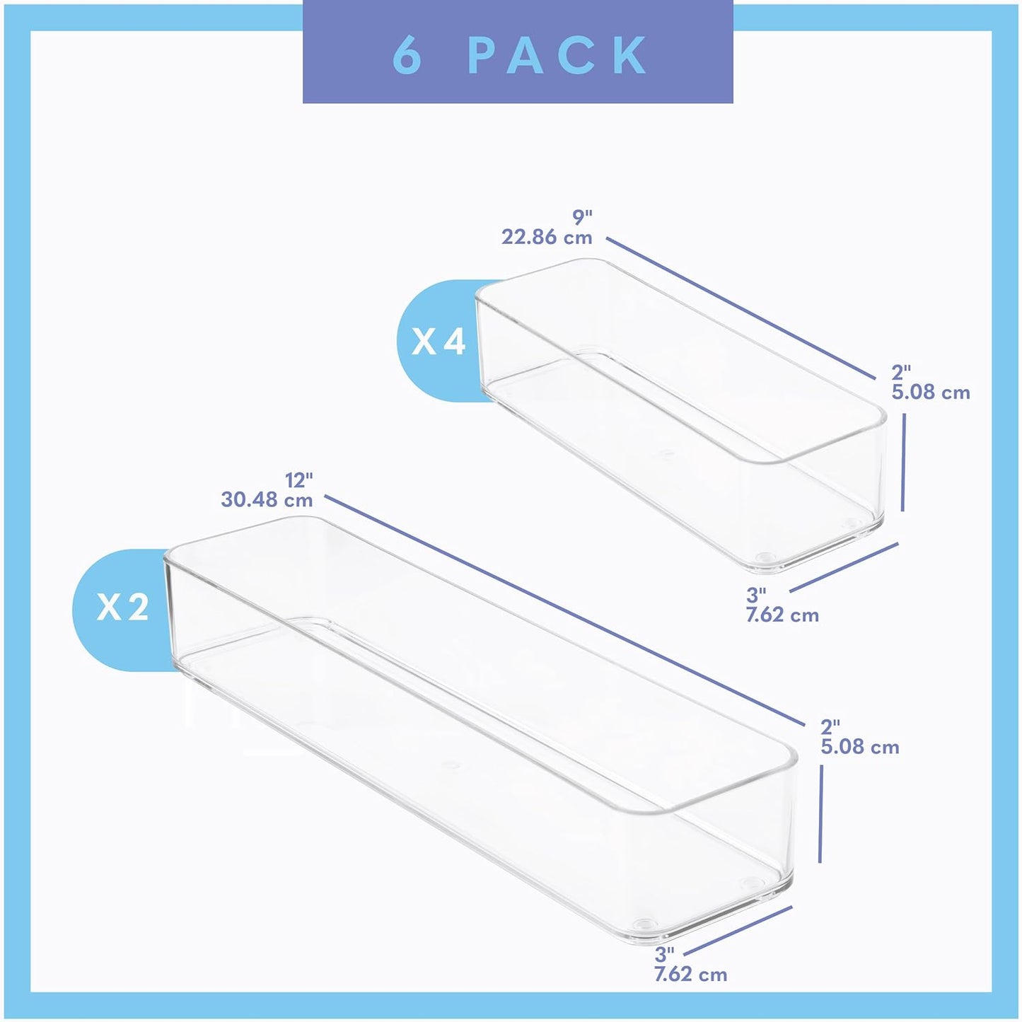 Six Pcs. Plastic Clear Drawer Organizers. Stackable Storage Trays for Kitchen Utensils and Silverware. 2 Sizes. Stackable