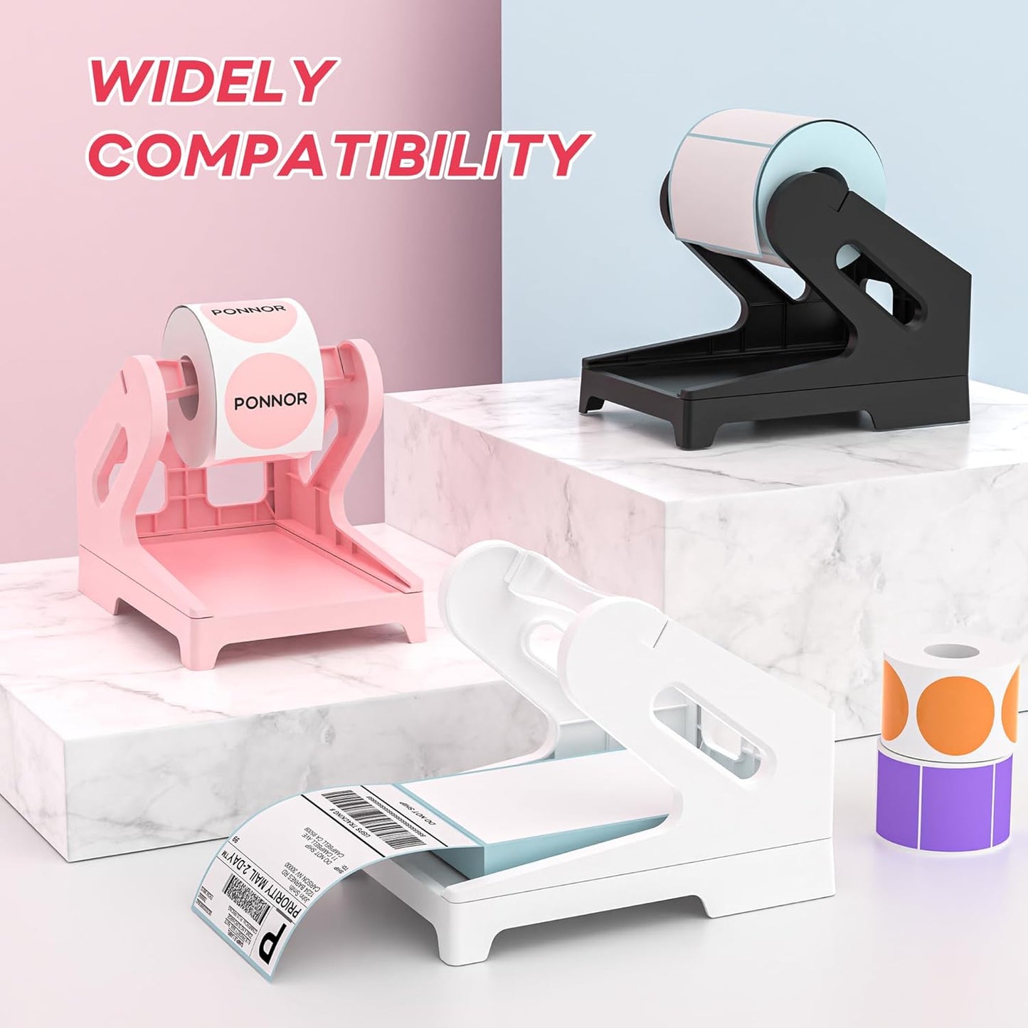 PONNOR Label Holder Thermal Label Holder for Rolls and Fanfold Labels Shipping Label Stand Desktop Printer DIY Accessory Supplies for Home, Office (Pink)