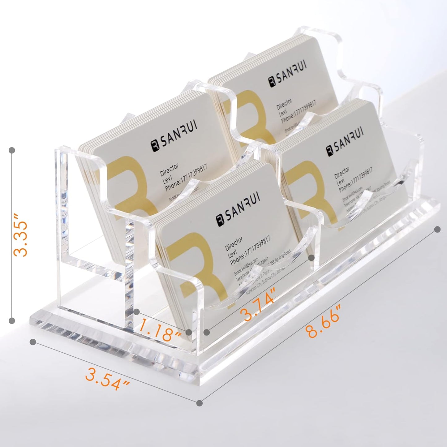 SANRUI Clear Horizontal Business Card Holder Stand for Desk, Acrylic Desktop Display Name Cards Holders Organizer Storage Rack,for Exhibition, Home , Office ,2 Tier 4 Pocket, 240 Card Capacity