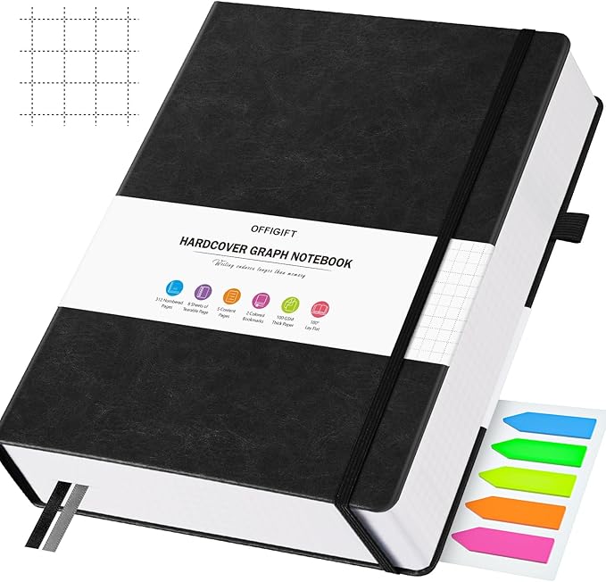 Graph Paper Notebook, 312 Numbered Pages B5 Hardcover Leather Journal, 100gsm No Bleed Grid Paper Notebook with Index Pages, Grid Notebook for Graphing Notes Math, 7.6'' X 10'', Black